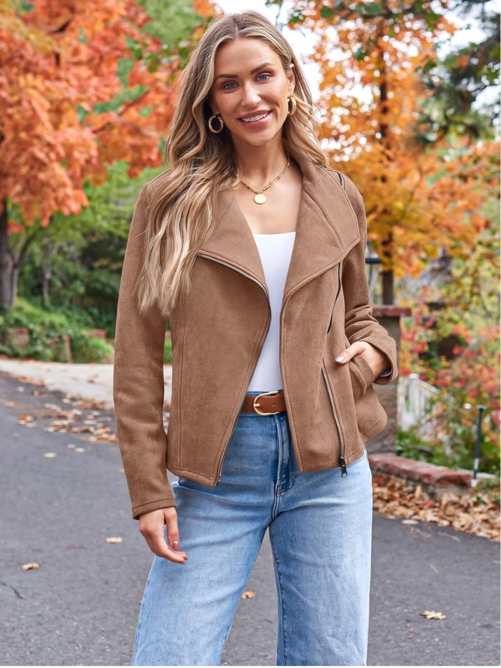 Suede Moto Jacket in Tan - Women's Casual Coat